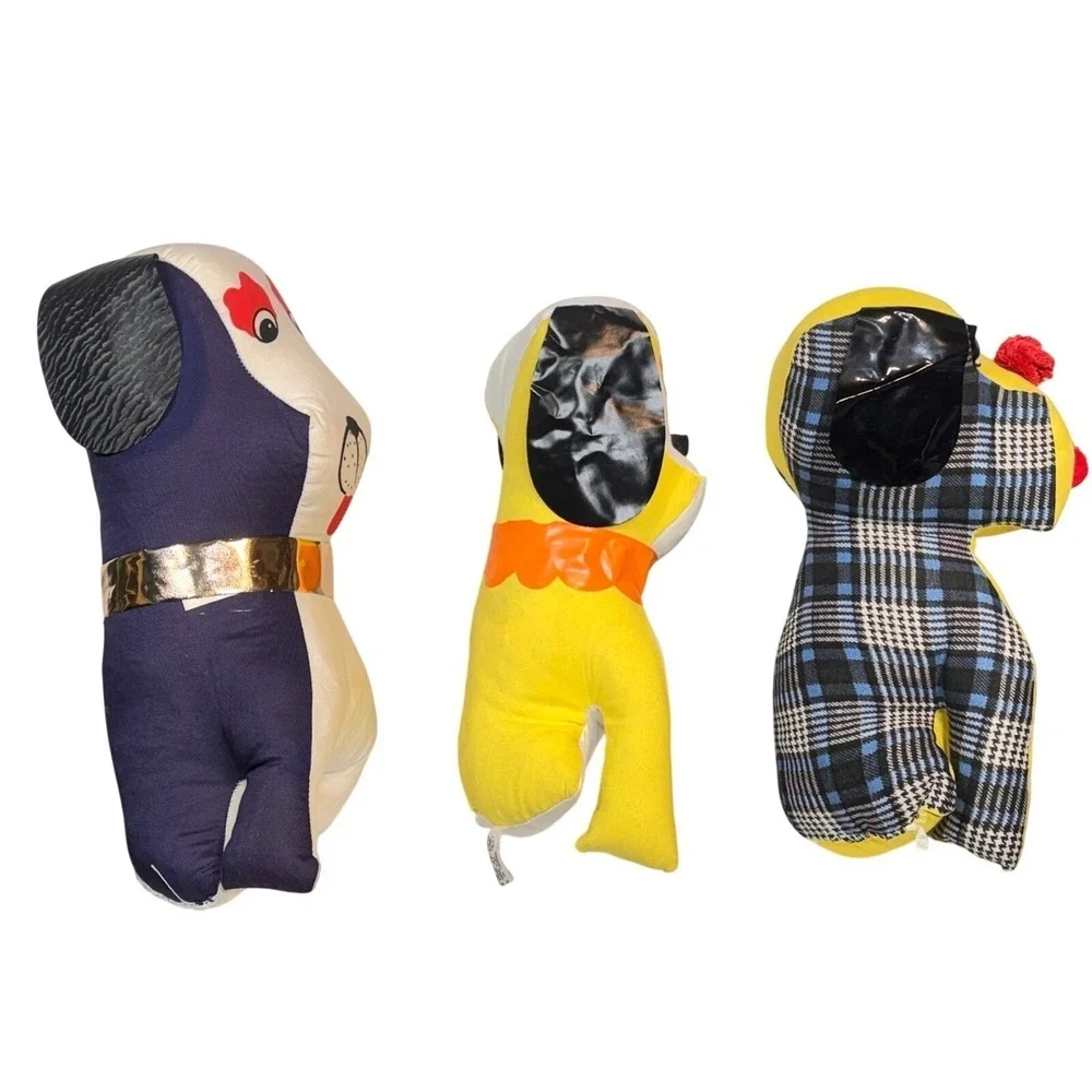 Vintage Carnival Prize Plush Dog Lot 3pc Kitsch Retro Stuffed Animal Yellow Blue